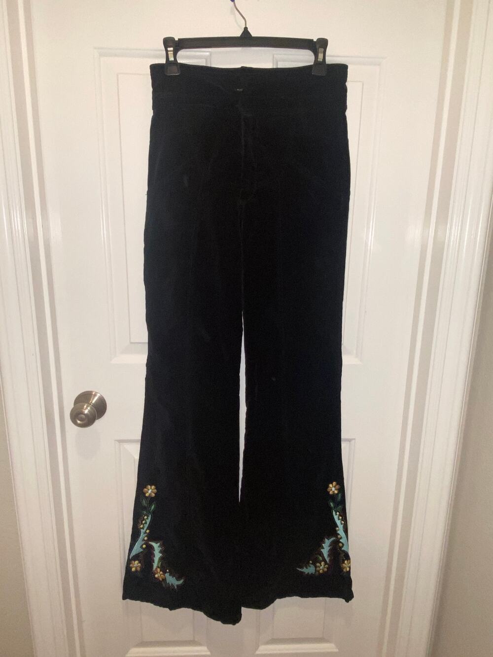 Chasing Unicorns Black Velvet Embroidered Flare Pants BOHO Size Small
